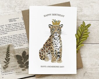 Roarsome Birthday Card - Happy Birthday Card - Illustrated Greetings Card - Blank Inside - Jaguar Cat Gift - Jungle Birthday Theme