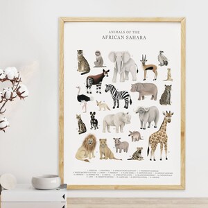 A3 African Safari Animals Wall Art Poster Art Print - Historia Natural - Gráfico de pared - Sahara Animal Nursery Art Decor - Nuevo regalo para bebés Neutral