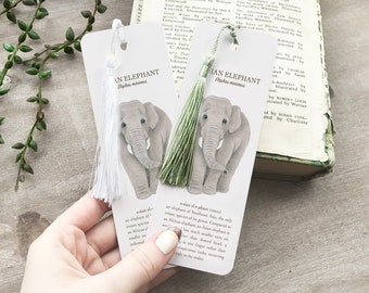 Elephant Bookmark - Animal Bookmark Design - Wildlife Bookmark - Card Bookmark with Tassel - Asian Elephant Illustration - Reading Gifts