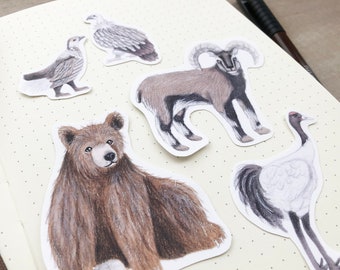 Himalayan Animal Sticker Set of 5 - Illustrated Stickers - Journal Supplies - Sticker Pack - Asian Animals - Scrapbooking - Brown Bear