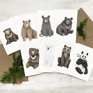 Ours Notecard Lot de 8 – Cartes de vœux illustrées – Intérieur vierge – Carte de remerciement d'anniversaire – Ensemble cadeau d'écriture – Thème ours stationnaire
