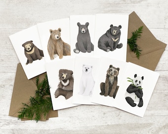 Bears Notecard Set of 8 - Illustrated Greeting Cards - Blank Inside - Birthday Thank You Card - Writing Gift Set - Bear Theme Stationary
