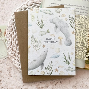Carte d'anniversaire phoque et lamantin animaux marins de l'océan A6 - carte nautique pour enfants sous la mer - voeux de la faune illustrés à l'aquarelle