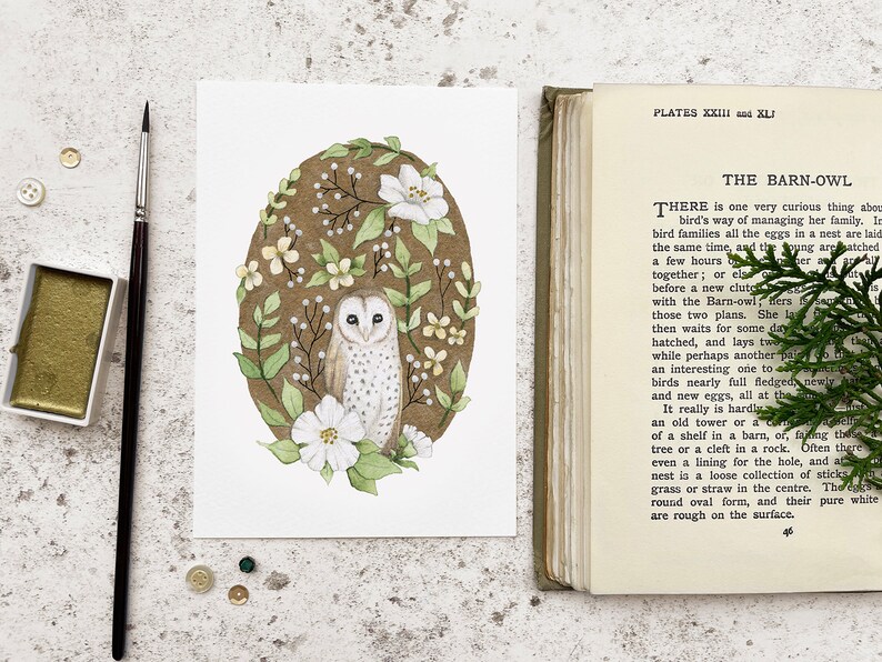 Barn Owl Postcard A6 Wall Art Print Children's Owl Illustration Cottagecore Woodland Nursery Autumn Animal Nature Decor British Bird image 4