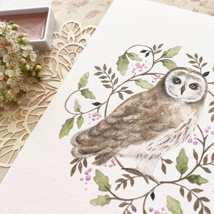 Carte postale petit hibou des marais ou impression d'art A6 - Illustration aquarelle Woodland Botanical Cottagecore