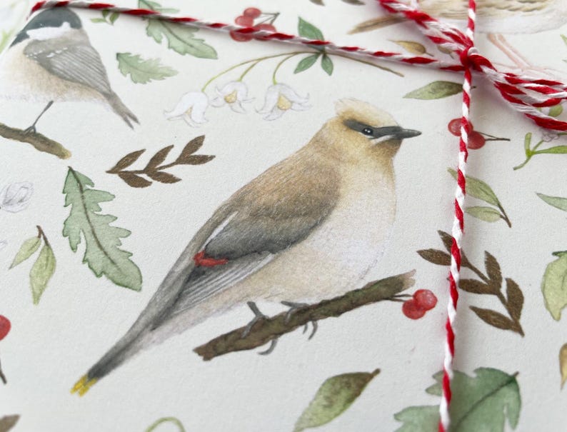 May include: A white background with a watercolour illustration of a bird with brown and white feathers and a red stripe on its wing. The bird is perched on a branch with green leaves and white flowers. There is a red and white string tied around the paper.