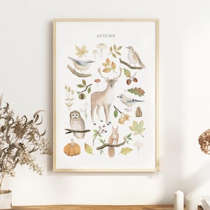 Impresión artística de pared otoñal A3: Aves de la fauna británica, trepador azul, búho leonado, ardilla roja, ilustración de acuarela del bosque.