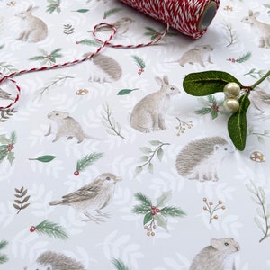 Christmas Gift Wrap Woodland Animals Cottagecore Xmas Wrapping Paper Rabbit Hedgehog Mouse Sparrow Holiday Sheets Illustrated Nature Art