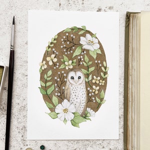 Barn Owl Postcard A6 Wall Art Print Children's Owl Illustration Cottagecore Woodland Nursery Autumn Animal Nature Decor British Bird image 1