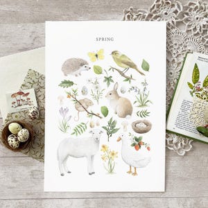 Impression d'art mural printemps - botanique animal Nature mouton britannique Lapin hérisson oeuvre saisonnière affiche Illustration aquarelle A5 A4