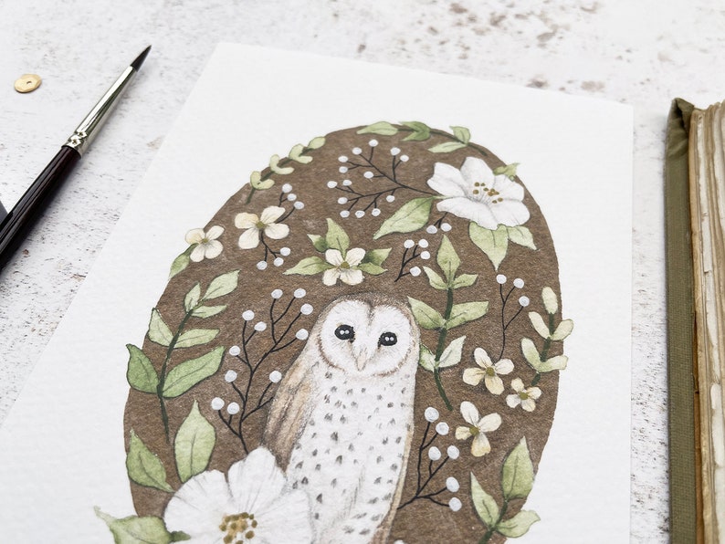 Barn Owl Postcard A6 Wall Art Print Children's Owl Illustration Cottagecore Woodland Nursery Autumn Animal Nature Decor British Bird image 2