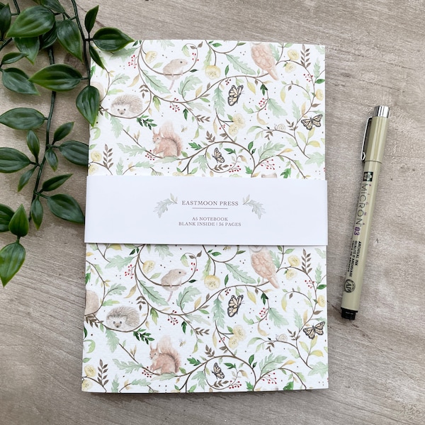 Woodland Animals Pattern Notebook A5 Journal Floral Forest Cottagecore Stationary Gift Plain Pages British Wildlife Illustrations Note Book