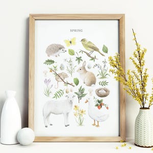 Impresión de arte mural de primavera A3 con estaciones británicas, animales, flores, árboles, pájaros, ilustración en acuarela.