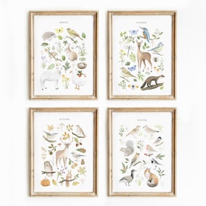 Juego de 4 láminas artísticas de pared A3 Seasons Primavera Verano Otoño Invierno Cottagecore Bosque Aves Naturaleza Vida Silvestre