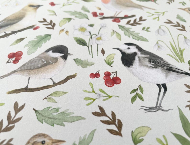 May include: A white background with a repeating pattern of birds, flowers, and berries. The birds are a white wagtail, a chickadee, and a cedar waxwing. The flowers are white snowdrops and white flowers with yellow centres. The berries are red and clustered together.