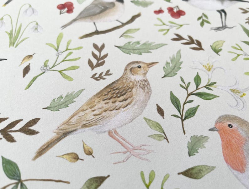 May include: A watercolour illustration of a bird with brown and white feathers perched on a branch. The background features a variety of green leaves, white flowers, and red berries.