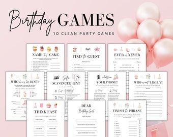 May include: Printable birthday party game cards with pink and white watercolor illustrations. The cards include games like "Name that Cake", "Find the Guest", "Who Knows Me Best", "Ever or Never", "Selfie Scavenger Hunt", "What's on Your Phone", "Who is Most Likely", "Think Fast", "Dear Birthday Girl", and "Finish the Phrase".