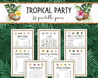 May include: Ten printable tropical party games with titles such as Emoji Game, I-Spy, Who is Most Likely, Finish the Phrase, Would You Rather, Think Fast, Word Search, and Word Scramble. The games are printed on white paper with a brown bamboo border.