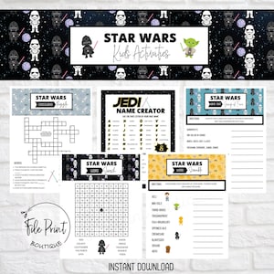 以下が含まれることがあります： スター・ウォーズをテーマにした子供向けの印刷可能なアクティビティのセット。アクティビティには、クロスワードパズル、単語検索、ジェダイの名前作成、4人組の名前を当てるゲームが含まれています。アクティビティは白地に黒と白のイラストで印刷されています。