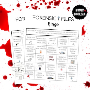 Puede incluir: Una tarjeta de bingo imprimible con un tema de archivos forenses. La tarjeta tiene 25 casillas con diferentes frases relacionadas con la ciencia forense, como "alguien dice arma de fuego o disparo", "alguien dice rigor mortis o livor mortis", y "alguien dice caso frío".