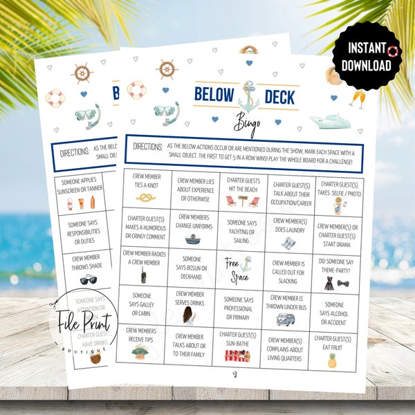 Below Deck Printable Bingo, Digital File, Below Deck TV Viewing Party, Bravo, Mediterranean, Below Deck Printable, Below Deck, All Seasons