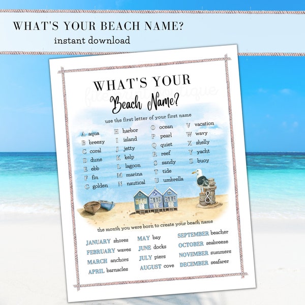 Beach Name Creator Printable, What is Your Beach Name? Printable Beach Name, Beach Vacation, Beach Printable, Beach Party Game, Beach Sign