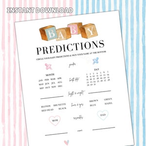 Afdrukbaar babyvoorspellingsspel, babyshowerspel, genderonthullingsfeestspel, geslachtsvoorspelling, afdrukbare kaart babyvoorspelling, baby gok