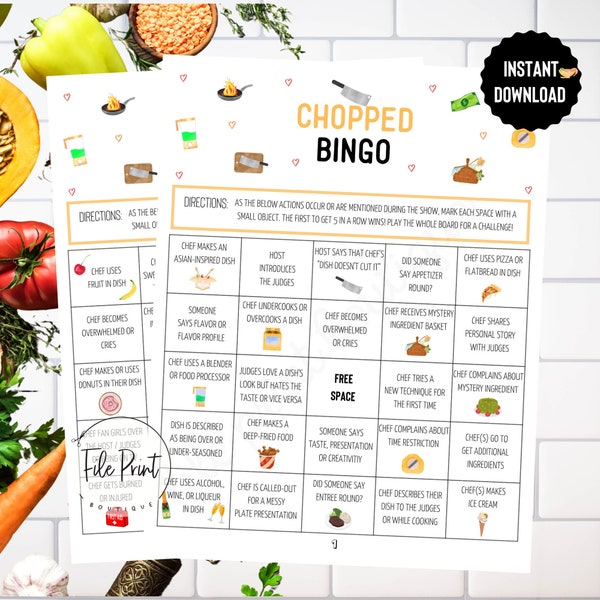 Chopped Printable Bingo, Chopped Digital File,  Chopped TV Viewing Party, Food Network, Chopped Digital Download, Cooking Show Game