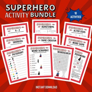 Superhero Printable Kid&#39;s Activities, Superhero Crossword, Superhero Pictionary, Superhero Activities for Kids, Superhero Party, 10 Games