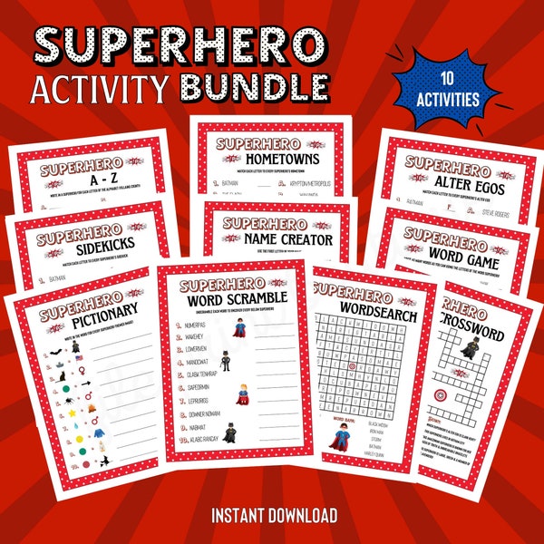Superhero Printable Kid's Activities, Superhero Crossword, Superhero Pictionary, Superhero Activities for Kids, Superhero Party, 10 Games