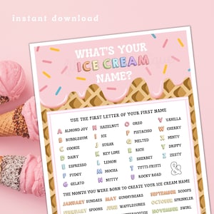 What&#39;s Your Ice Cream Name, Ice Cream Name Creator Printable, Printable Ice Cream Name Creator, Ice Cream Name, Ice Cream Printable, Digital
