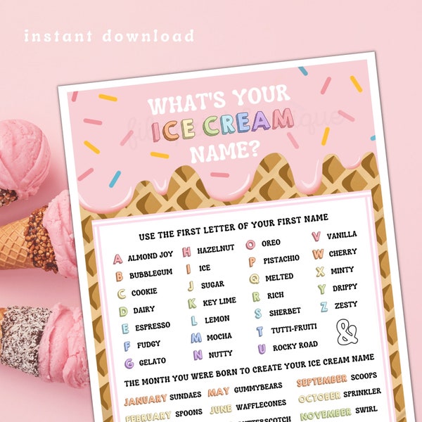 What's Your Ice Cream Name, Ice Cream Name Creator Printable, Printable Ice Cream Name Creator, Ice Cream Name, Ice Cream Printable, Digital