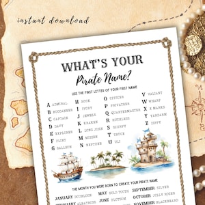 ¿Cuál es tu nombre pirata? Creador de nombres piratas imprimible, Creador de nombres piratas imprimible, Nombre pirata, Imprimible pirata, Descarga instantánea