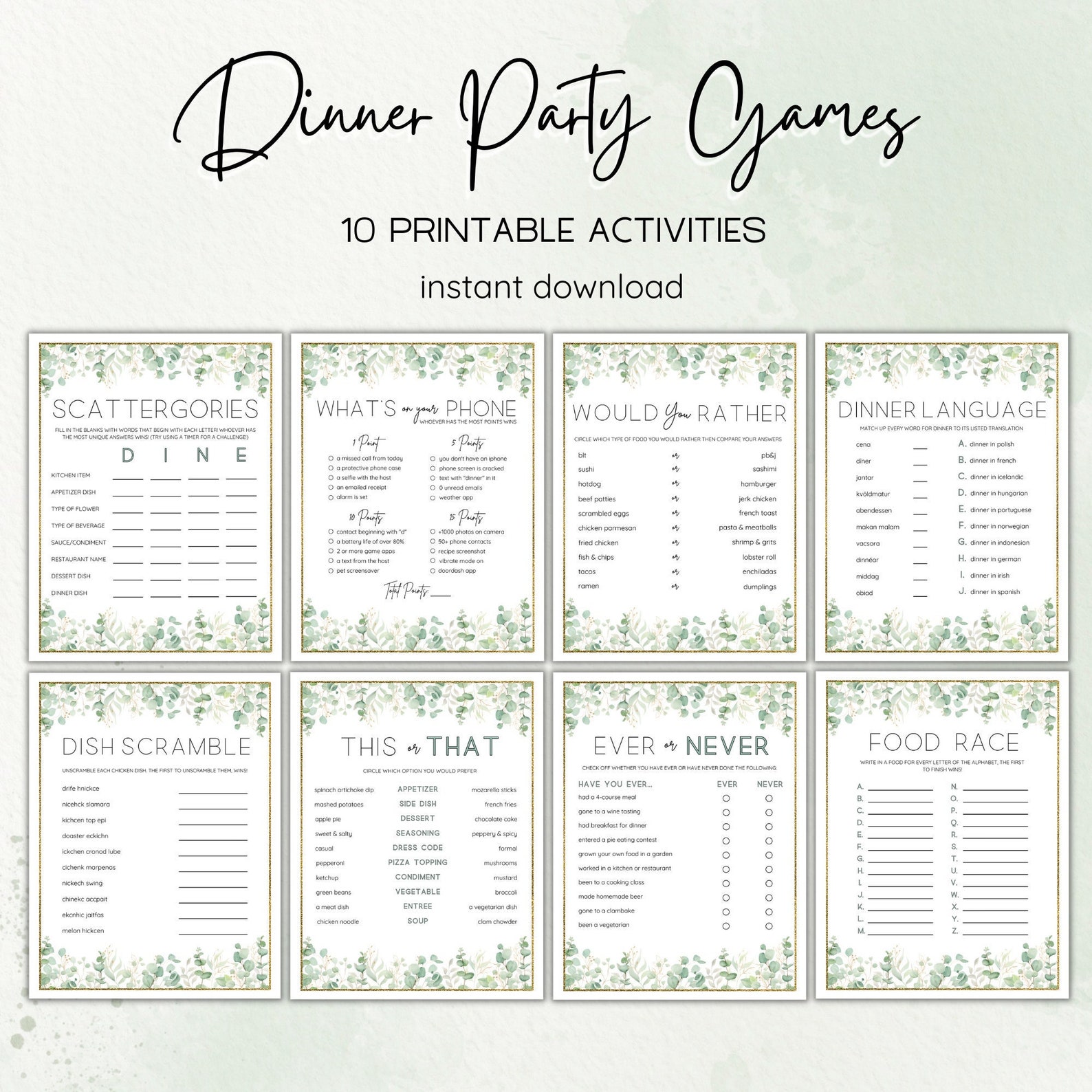 Dinner Party Games Printable, Dinner Party Activities, Minimalist Party