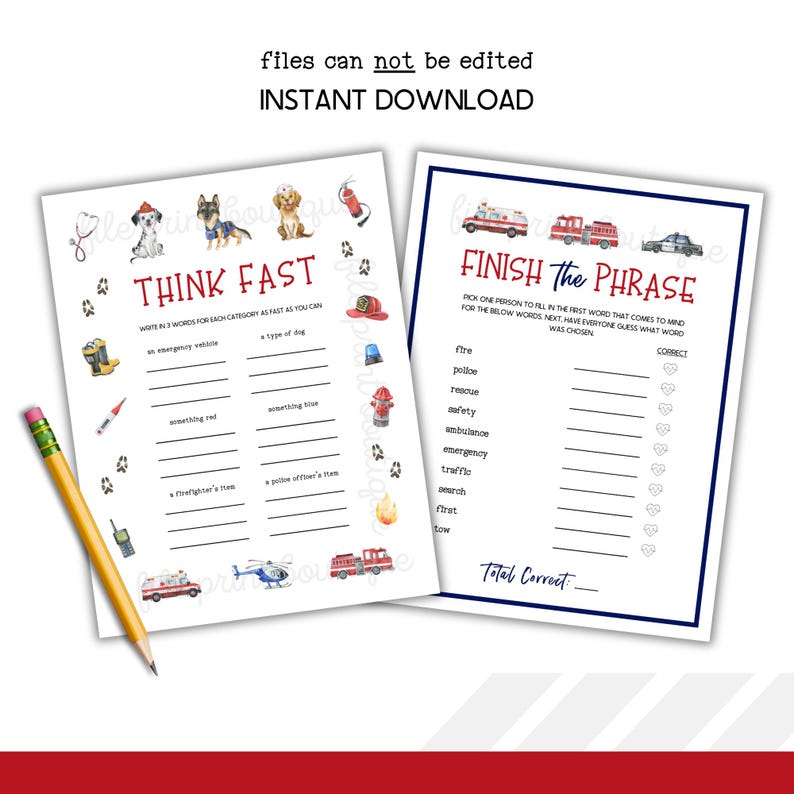 Emergency Vehicles Party Games: Printable Birthday Activities (digital ...
