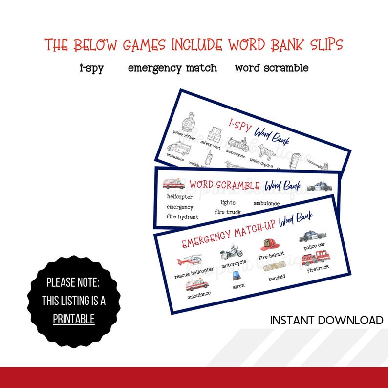 Emergency Vehicles Party Games: Printable Birthday Activities (digital ...
