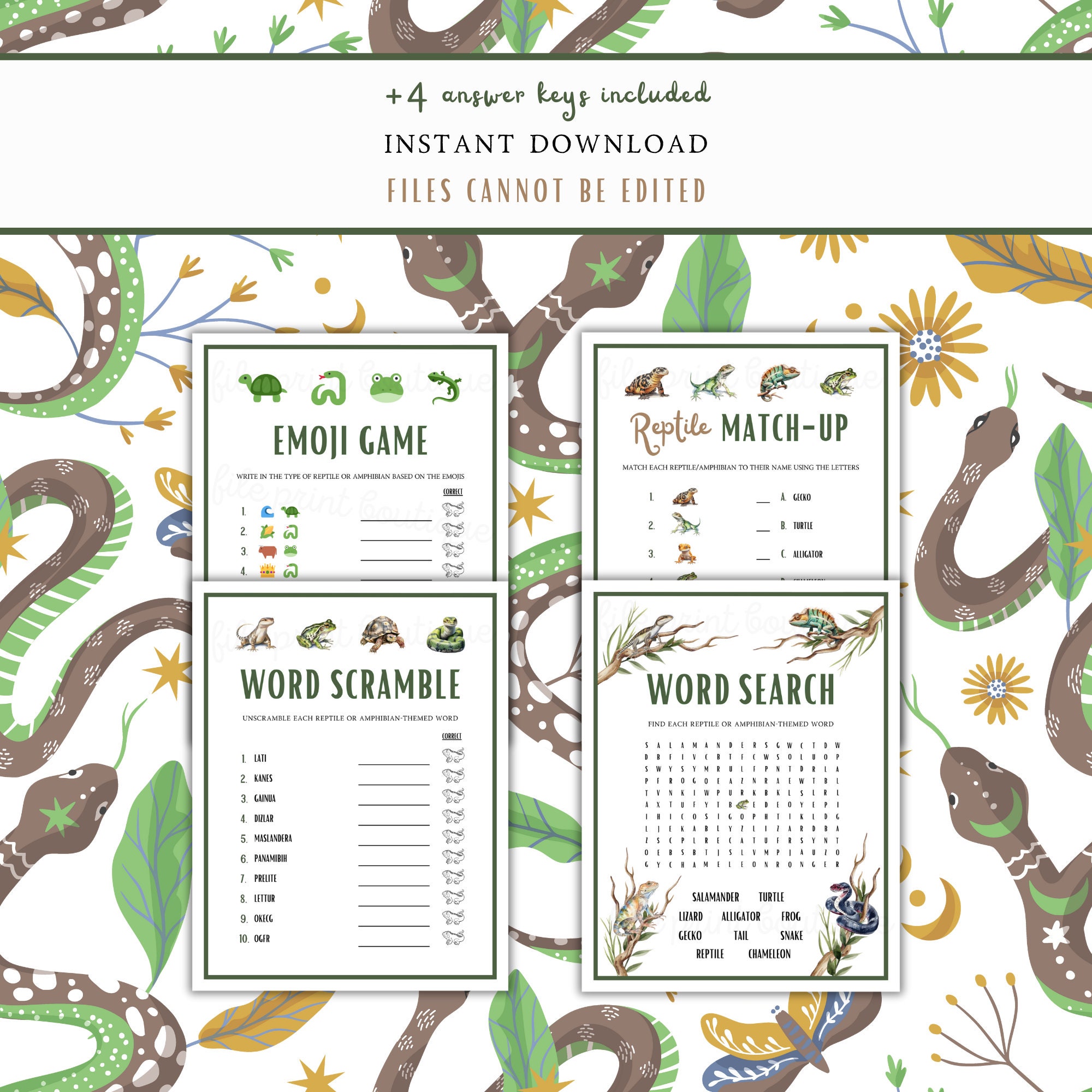 Reptile Games for Kids Printable, Reptiles Printable Games, Party Game ...