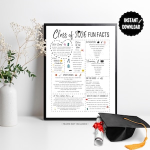 May include: A framed black and white print titled "Class of 2026 Fun Facts." The print includes text about popular trends, celebrities, sports news, and pop culture from 2026. A graduation cap and diploma are in the foreground.
