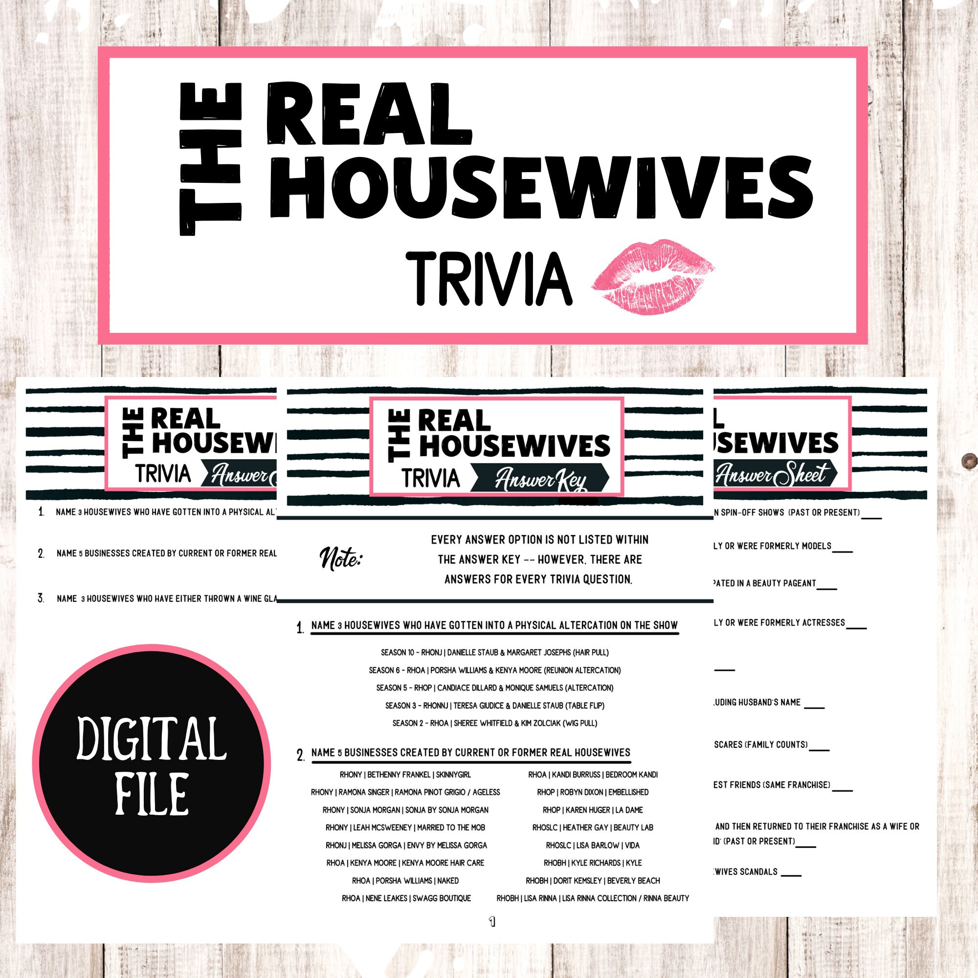 Real Housewives Printable Trivia Game, 20 Trivia Questions, Rhony, Rhoa, Rhoslc, Rhobh, Rhop ...
