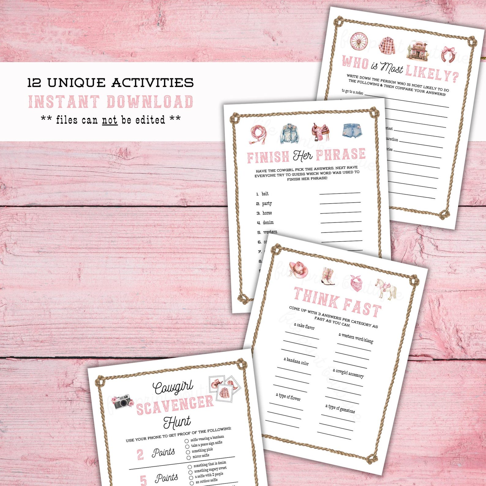 Cowgirl Party Games Bundle: 12 Printable Activities & Signs (digital ...