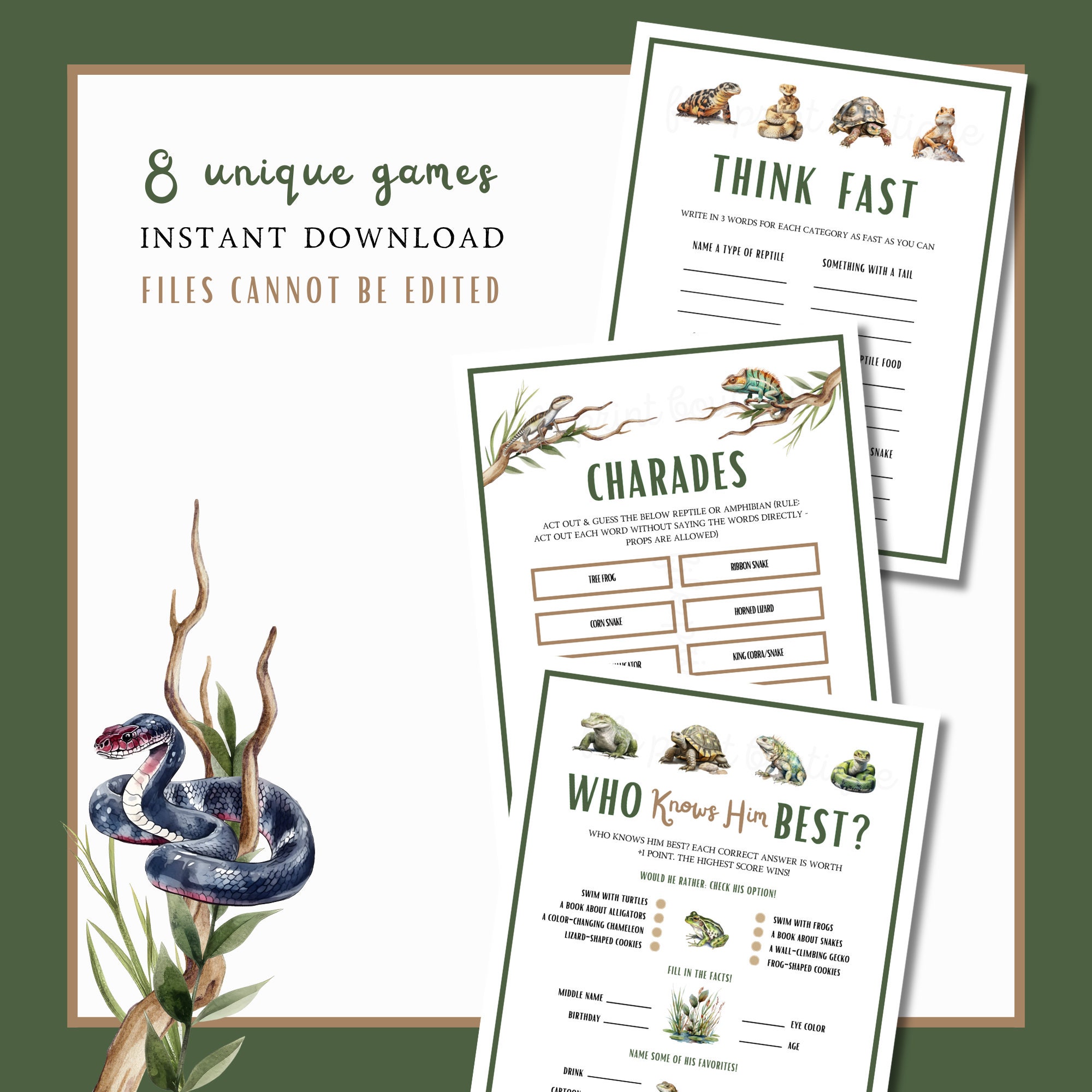 Reptile Games for Kids Printable, Reptiles Printable Games, Party Game ...