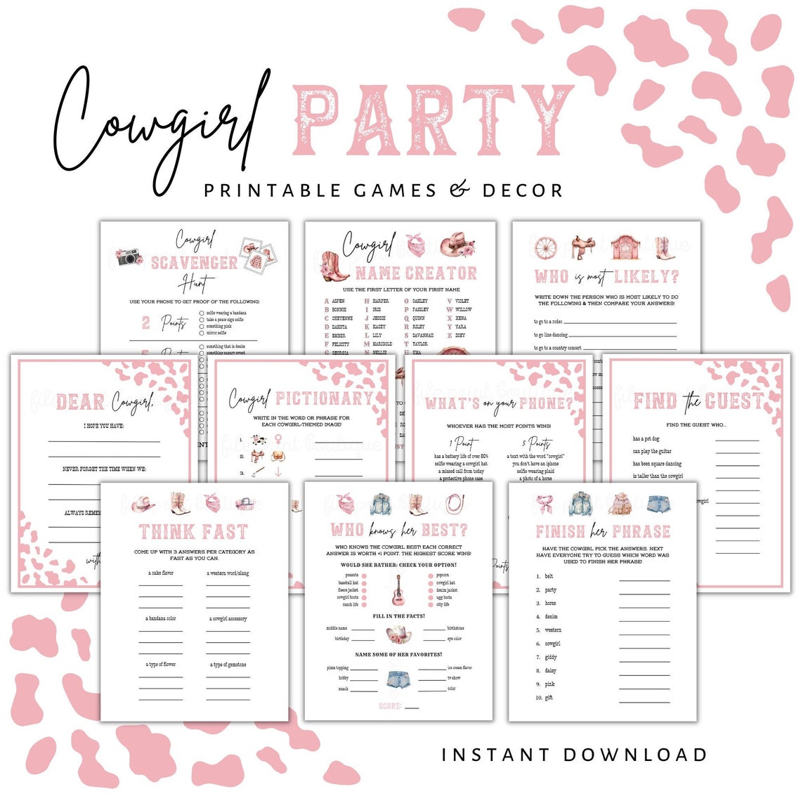 Cowgirl Printable Games Cowgirl Game Bundle Cowgirl Party - Etsy