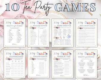 May include: Ten printable tea party games with a blue and pink floral design. The games include "What's in your purse?", "Would you rather", "Name Creator", "Who-Most Likely", "Scattergories", "Finish the Phrase", "Name that Tea", and "What's on your phone?"