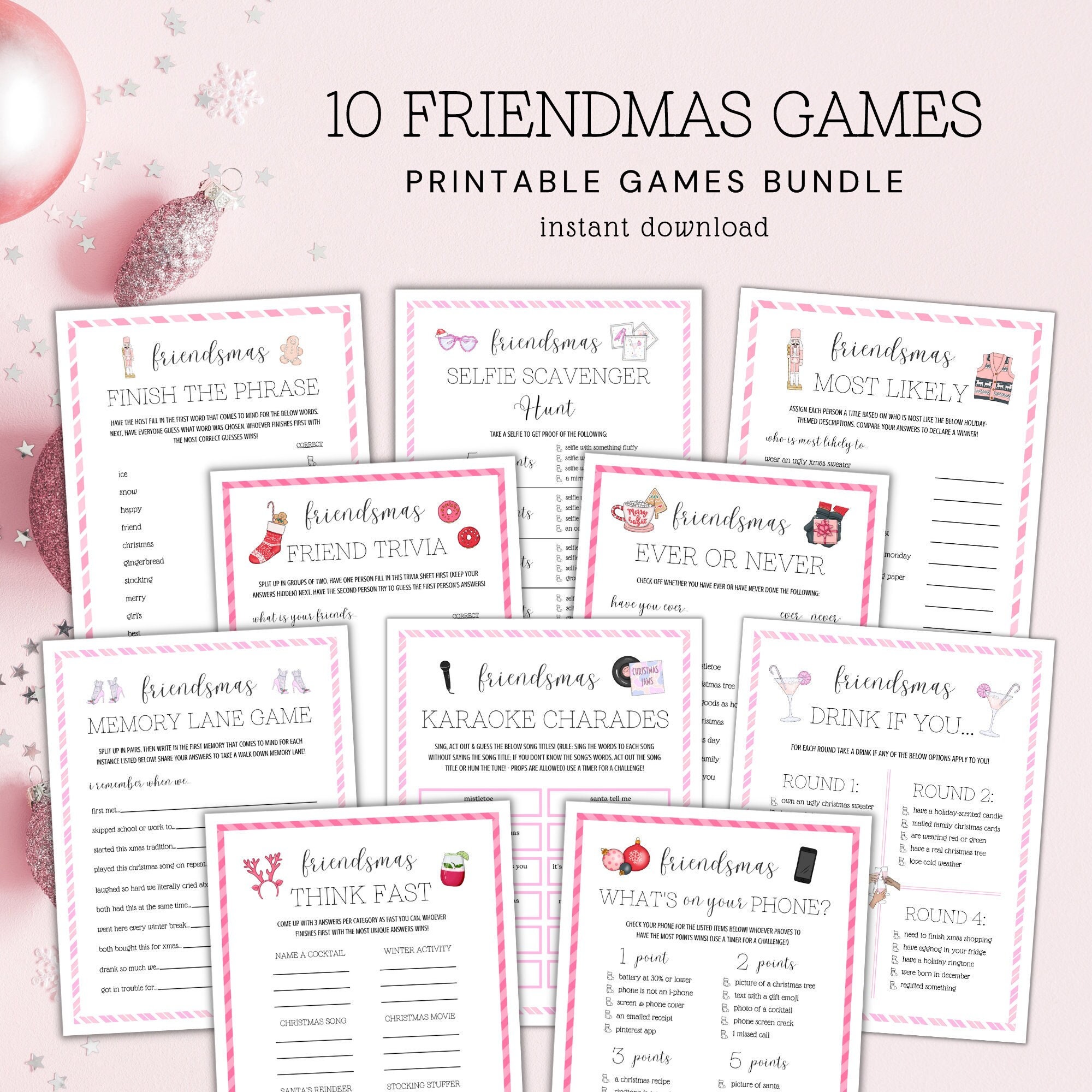 Friendsmas Printable Games, Pink Friendsmas Games, Printable Friendsmas Activities, Drink If, Christmas Party Games, Friendmas Game Bundle
