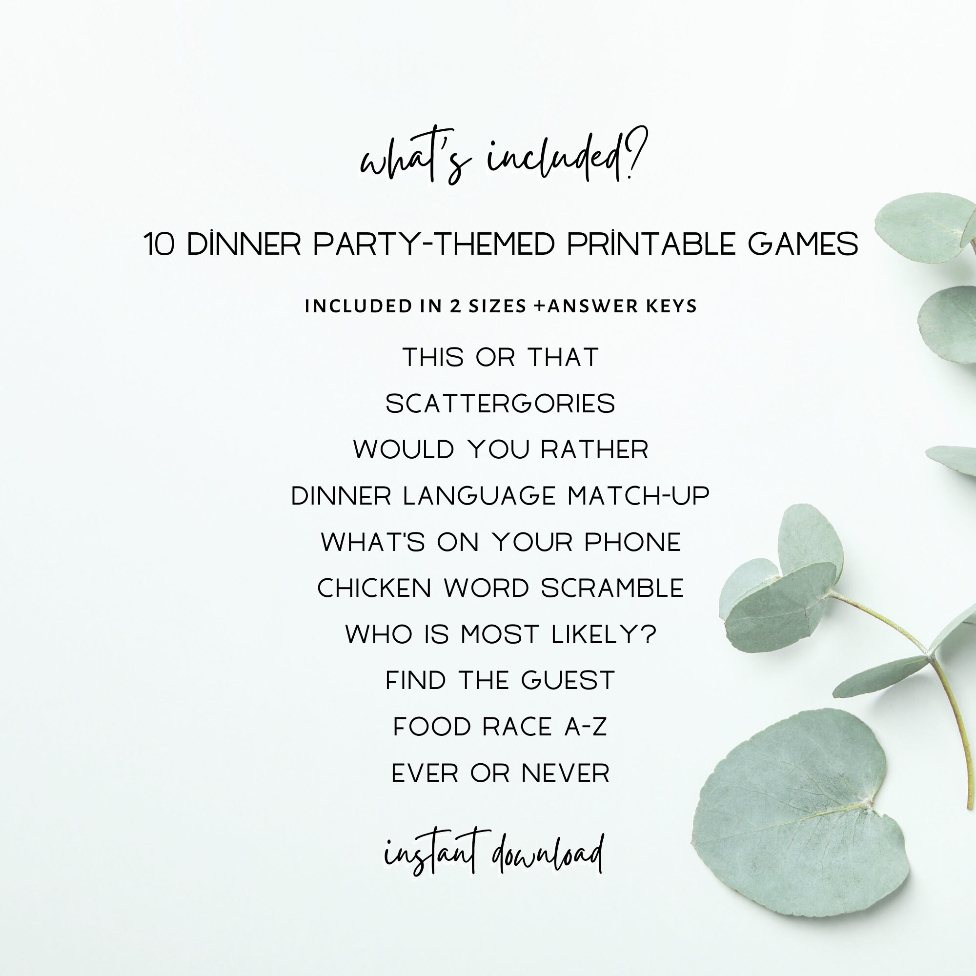 Dinner Party Games Printable, Dinner Party Activities, Minimalist Party