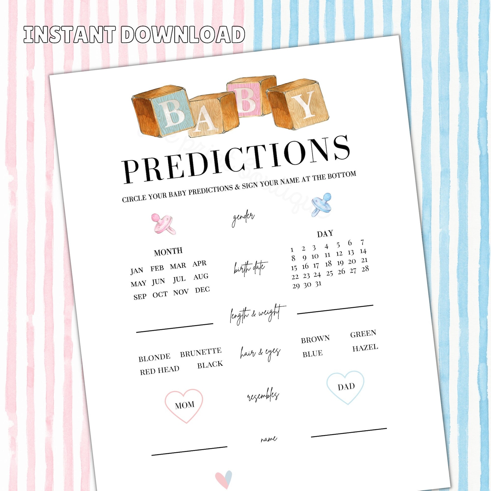 Printable Baby Predictions Game Baby Shower Game Gender Etsy