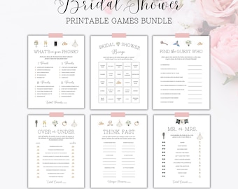 May include: Printable bridal shower game bundle with six different games: What's on Your Phone, Bridal Shower Bingo, Find the Guest Who, Over or Under, Think Fast, and Mr. or Mrs. The games are printed on white paper with a pink border and feature watercolor illustrations of wedding-related items.