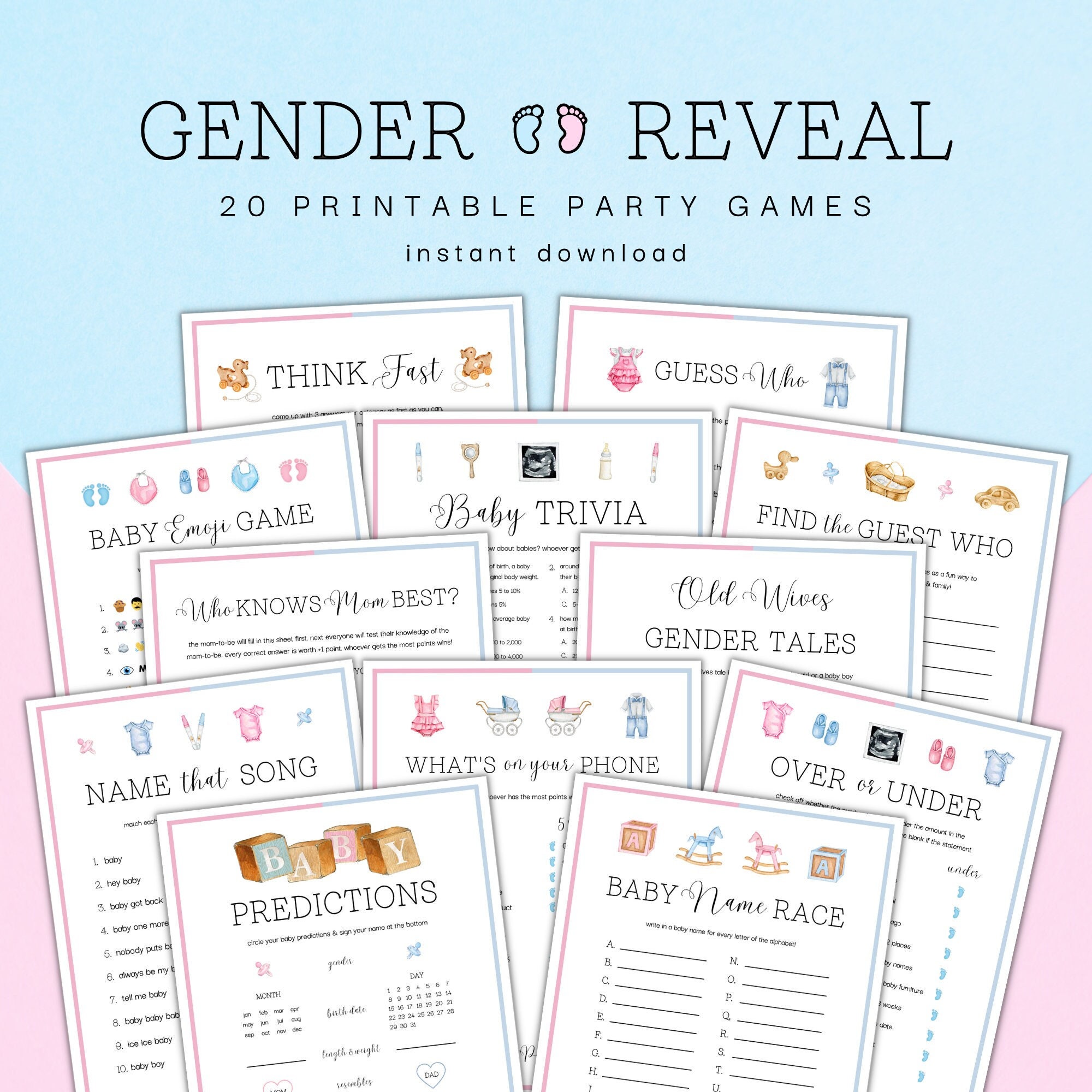 gender reveal party games: 20 printable activities (digital download)