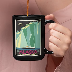 1930s Vintage Alaska Travel Poster Black Coffee Mug Home Decor Gift, American Travel Series Gifts, Gift For Coffee Lover, 15oz Mug, Tea Love
