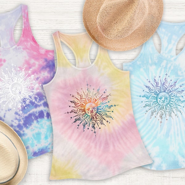 Summer Concert Tie Dye Tank With Vintage Sun Moon Celestial Art, Boho Astronomy Summer Tops, Astrology Tees, Mystic Tarot Sun Rainbow Design